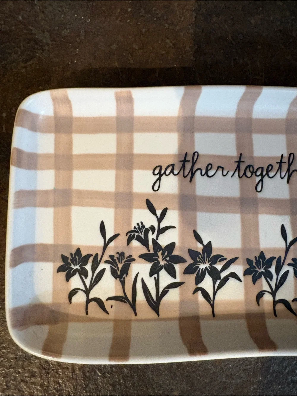 Rae Dunn Cream and Tan Plaid Tray with Black Floral Script